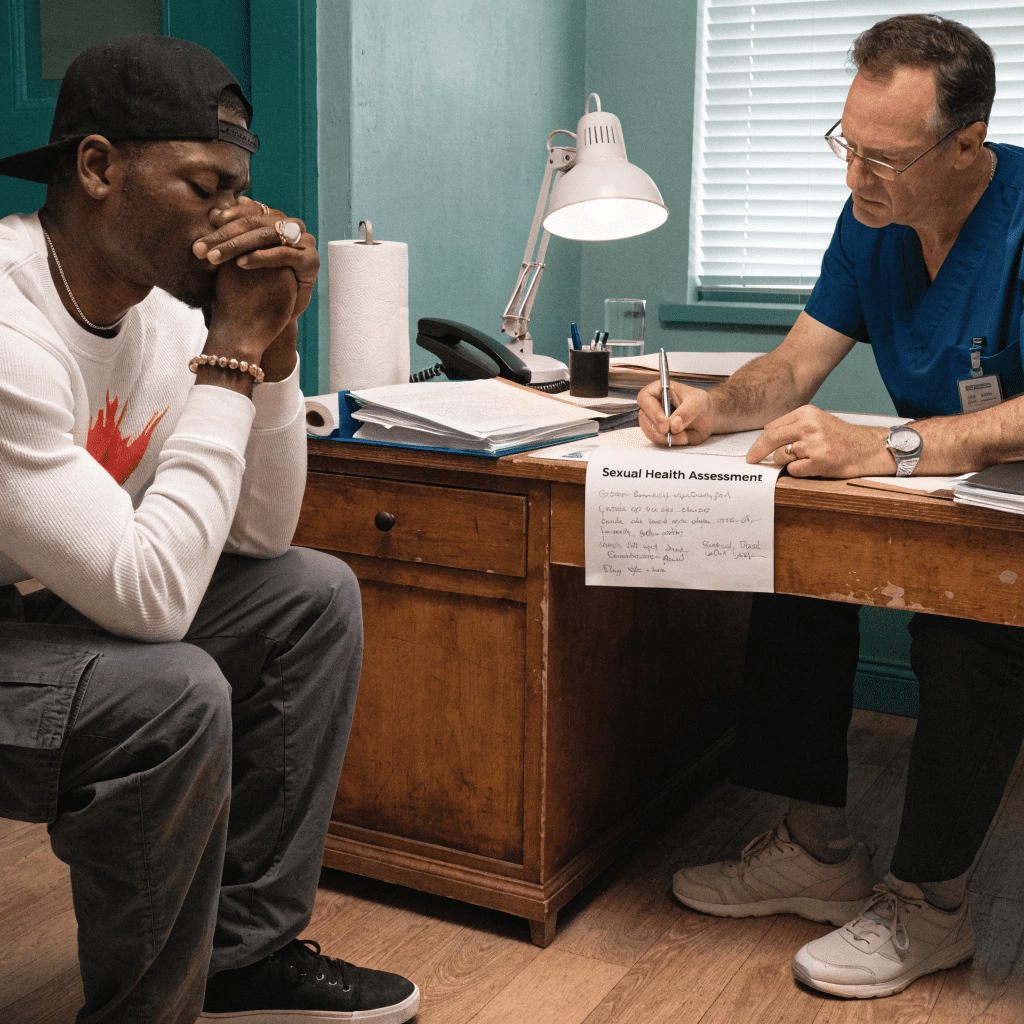 مردی نگران در حال مشاوره با دکتر درباره مشکلات جنسی.